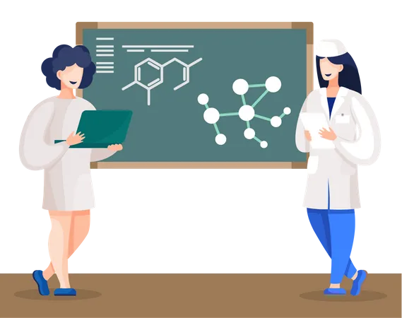 Chemist Students Stand by Blackboard with Molecule  Illustration