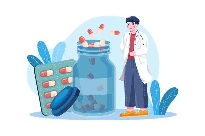 Chemist with pills bottle  イラスト