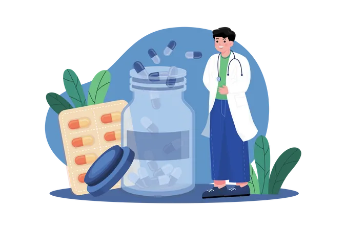 Chemist With Pills Bottle Illustration Concept On White Background Illustration