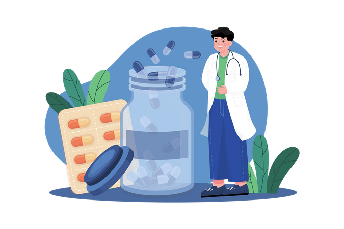 Chemist With Pills Bottle  Illustration