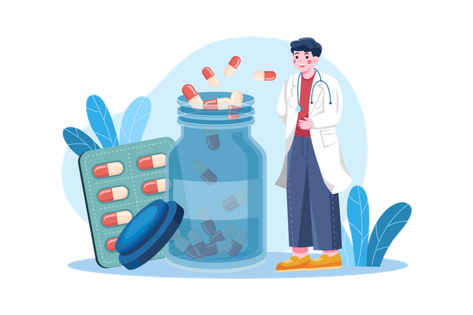 Chemist with pills bottle  Illustration