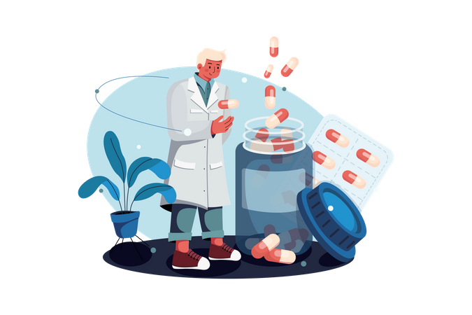 Chemist with pills bottle  Illustration