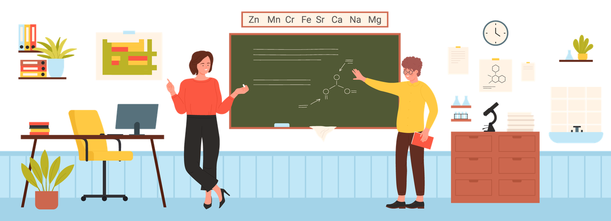 Chemistry class with teacher and student at school  Illustration