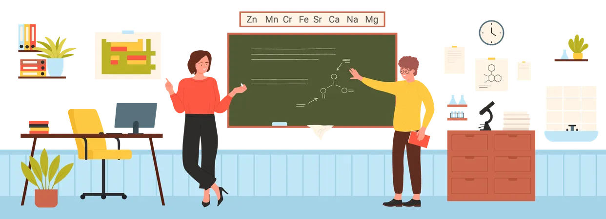 Chemistry Class With Teacher And Student At School Or University Board Vector Illustration Cartoon Child Training In Modern Classroom Interior Studying And Showing Chemical Formulas On Chalkboard Illustration