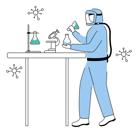 Chemistry experiment by scientist using protective suit  Illustration