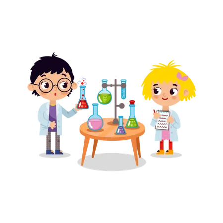 Chemistry laboratory. Little children scientists  Illustration