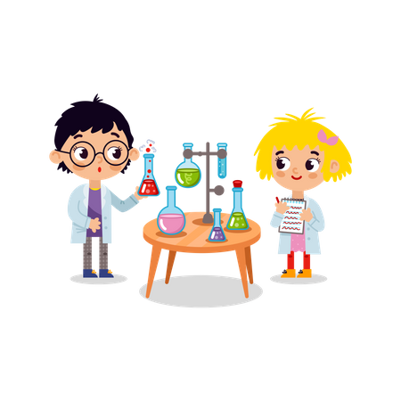 Chemistry laboratory. Little children scientists  Illustration