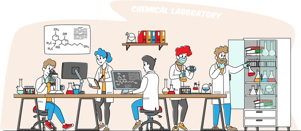 Chemistry Science Concept Scientists Characters In Chemical Laboratory With Equipment Computer Microscope And Flasks Pharmaceutical Research Investigation In Lab Linear People Vector Illustration Illustration