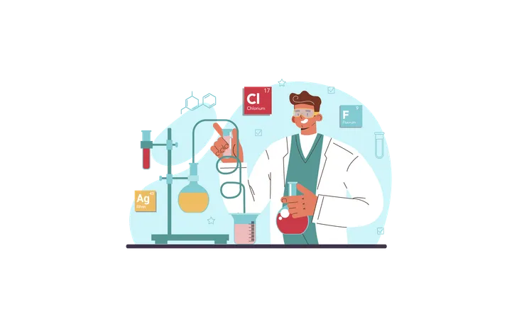 Chemist Web Banner Or Landing Page Chemistry Scientist Doing An Experiment In The Laboratory Different Chemical Substances Atoms Research Flasks And Other Equipment Flat Vector Illustration Illustration