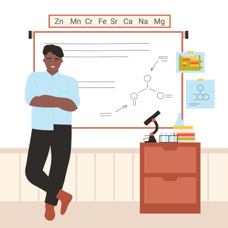 Chemistry teacher teaching chemical formulas at board  イラスト