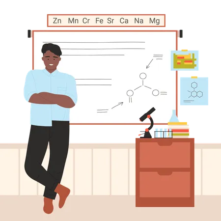 Chemistry Teacher Teaching At White Board In School Or University Classroom Vector Illustration Cartoon Young Man Standing With Crossed Arms At Chalkboard With Chemical Formula Table With Microscope イラスト