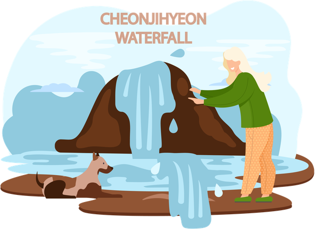 Cheonjiyeon Waterfall famous landmark of Jeju Island in south Korea  Illustration