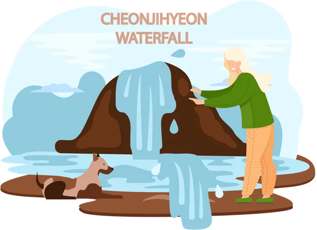 Cheonjiyeon Waterfall famous landmark of Jeju Island in south Korea  Illustration