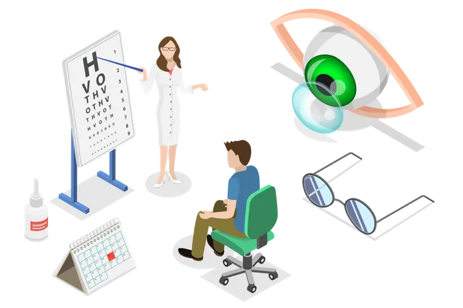 Concepto De Vector Plano Isometrico De Oftalmologia Chequeo De La Vista Cuidado De La Salud Ocular Examen Oftalmologico Ilustración