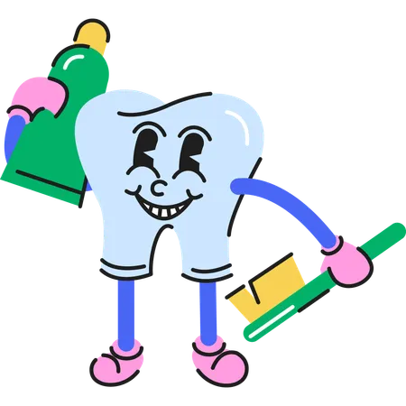 Carácter dental sosteniendo pasta de dientes en una mano y cepillo de dientes en otra  Ilustración