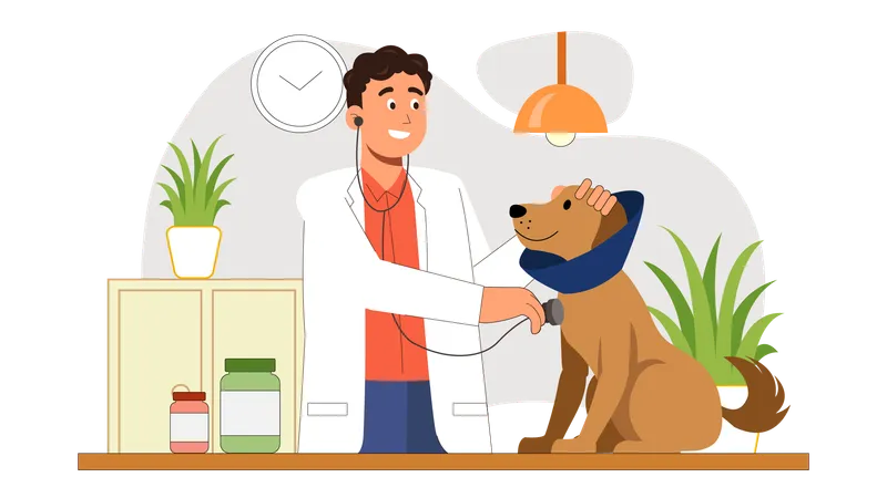 El médico controla la salud del perro.  Ilustración