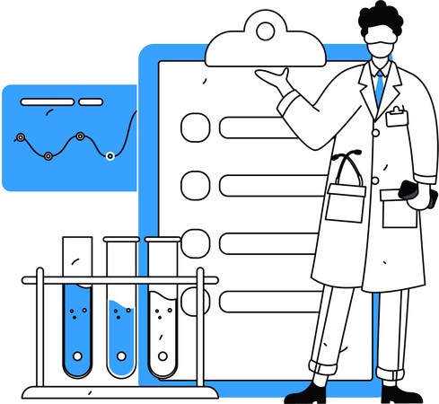 Un chercheur de laboratoire prépare un rapport d'analyse sur les expériences de laboratoire  Illustration