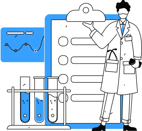 Un chercheur de laboratoire prépare un rapport d'analyse sur les expériences de laboratoire  Illustration