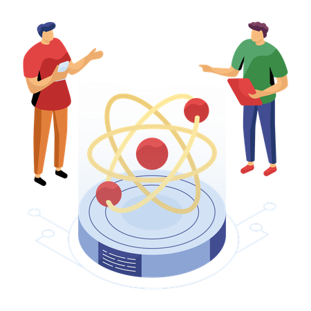 Des chercheurs discutent du modèle atomique des produits chimiques  Illustration