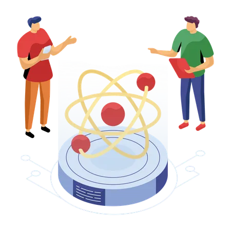 Des chercheurs discutent du modèle atomique des produits chimiques  Illustration