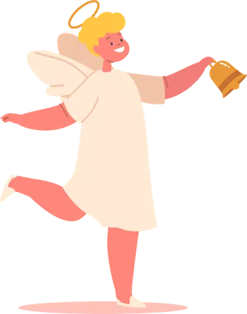 Sweet Cherubic Angel With Rosy Cheeks Halo And A Gentle Smile Ringing A Golden Bell Cute Kawaii Character Spreads Joy And Warmth With Heavenly Charm Cartoon People Vector Illustration Illustration