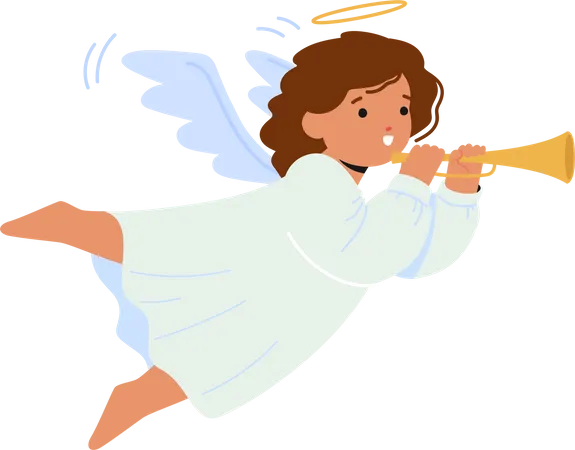 Cherubic Baby Angel Character With Adorable Wings And A Sweet Smile Blowing Trumpet Bringing Love And Joy To All A Symbol Of Innocence And Divine Protection Cartoon People Vector Illustration イラスト