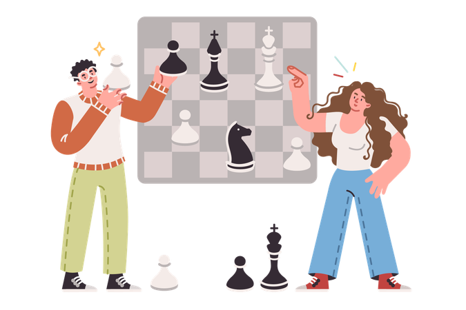 Chess game between man and woman symbolizes team strategic planning of business processes  Illustration