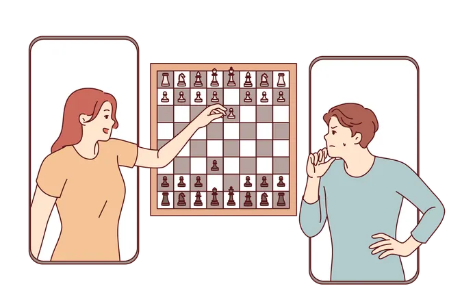 Chess game in mobile phone application between man and woman competing in intellectual game  Illustration