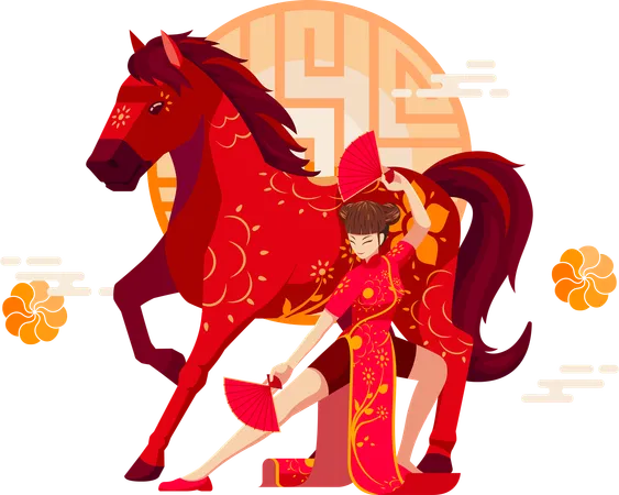 Cheval du zodiaque chinois avec une fille chinoise  Illustration