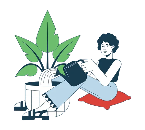 Femme cheveux bouclés arrosant une plante d'intérieur  Illustration