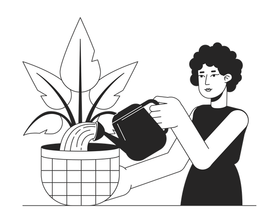 Femme cheveux bouclés arrosant une plante d'intérieur  Illustration