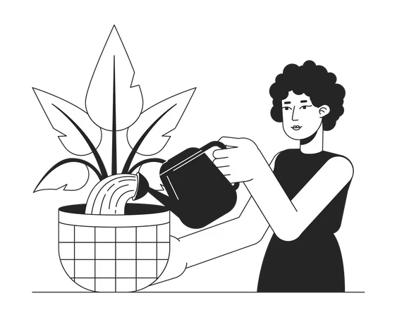 Femme cheveux bouclés arrosant une plante d'intérieur  Illustration