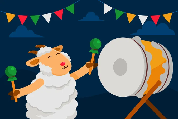 Chèvre jouant du tambour la nuit pour célébrer le jour d'Adha  Illustration