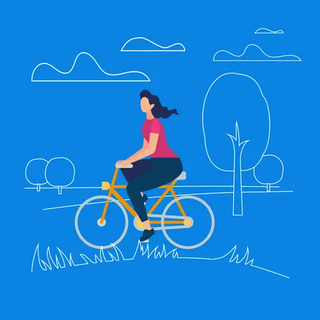 Chica Activa Y Elegante Disfrutando De Un Paseo En Bicicleta Al Aire Libre Sobre Fondo Azul Con Elementos Naturales De Contorno Personaje De Mujer Joven Montando Bicicleta En El Parque De La Ciudad Estilo De Vida Saludable Ilustracion Vectorial Plana De Dibujos Animados Ilustración
