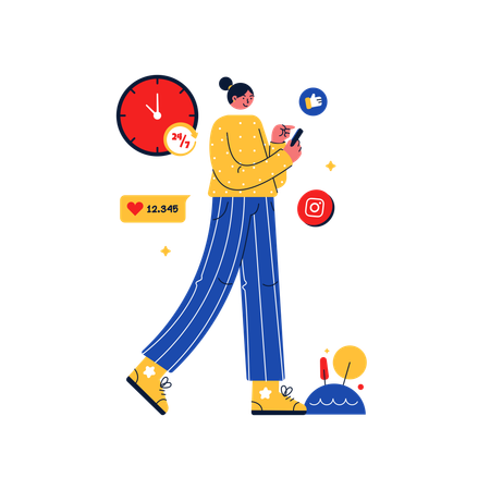 Chica adicta a las redes sociales usándolas todo el día  Ilustración