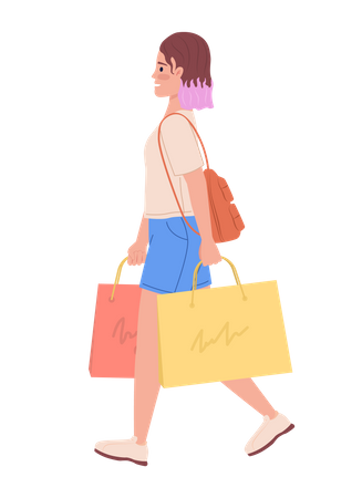 Chica adolescente con cabello colorido paseando con bolsas  Ilustración