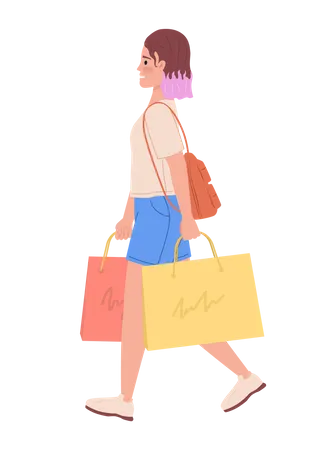 Chica adolescente con cabello colorido paseando con bolsas  Ilustración