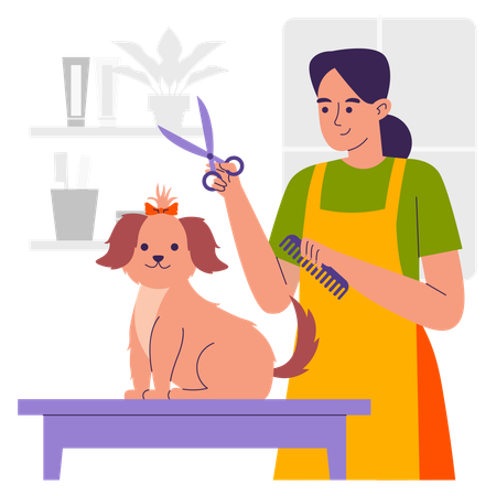 Chica afeitando a un perro  Ilustración