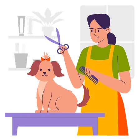 Chica afeitando a un perro  Ilustración