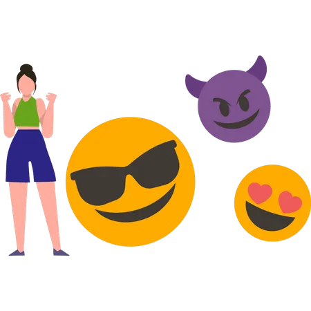 Chica alegre con emojis  Ilustración