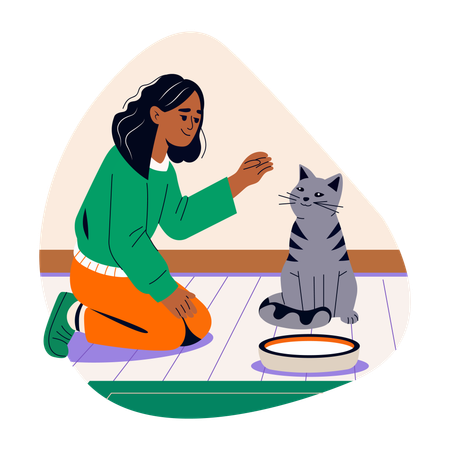 Niña alimentando gato  Ilustración