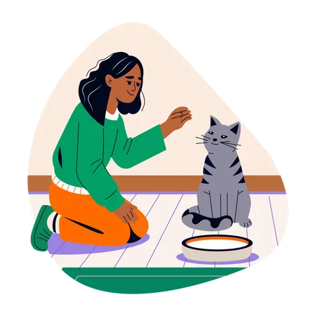 Niña alimentando gato  Ilustración