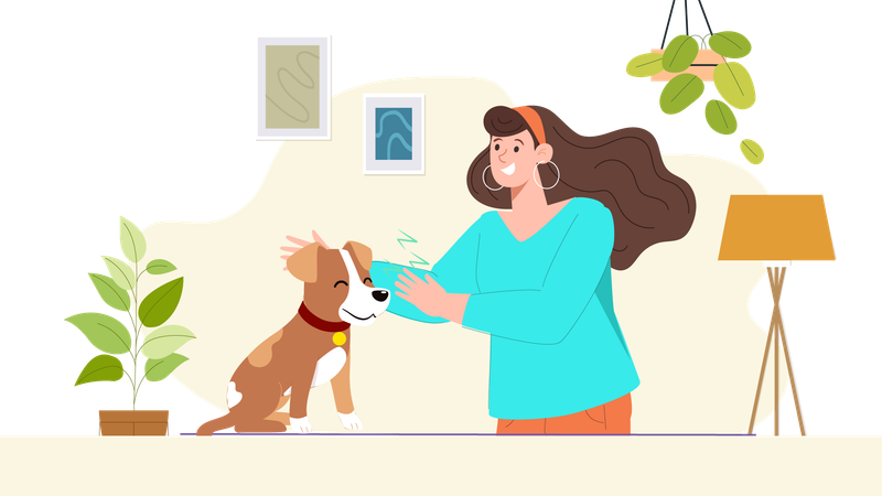 Chica amando a un perro mascota  Ilustración