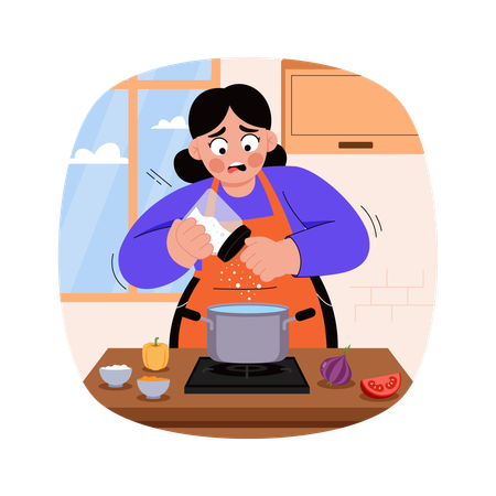 Chica añadiendo especias al plato  Ilustración