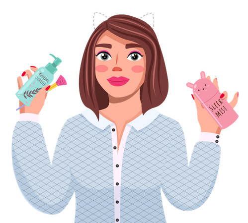 Chica anuncia productos cosméticos.  Ilustración