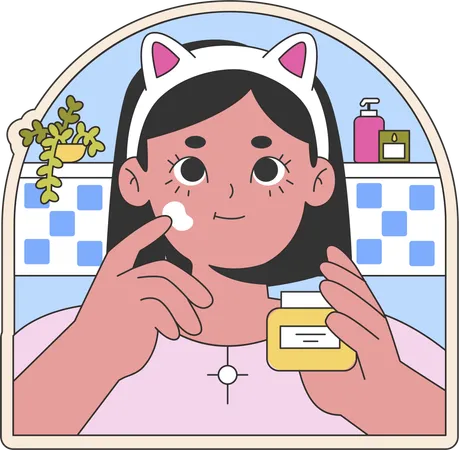 Chica aplicando crema facial  Ilustración