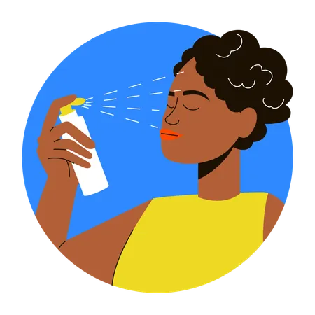 Chica aplicando spray facial  Ilustración