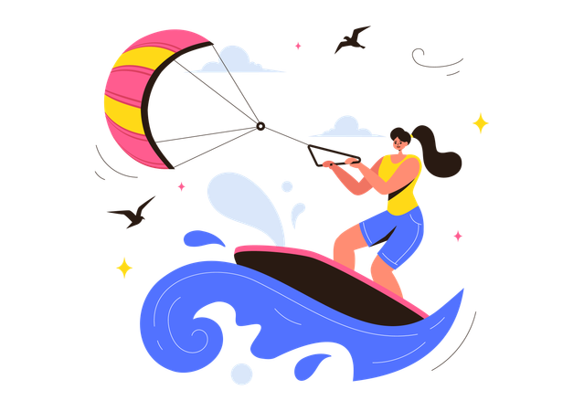 Niña aprendiendo kitesurf  Ilustración