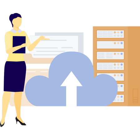 Chica señalando datos de la nube  Ilustración