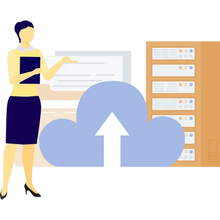 Chica señalando datos de la nube  Ilustración